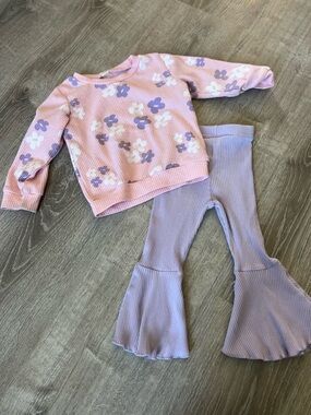 Girls Pink Floral Sweater & Lilac Ribbed Bell-Bottom Set